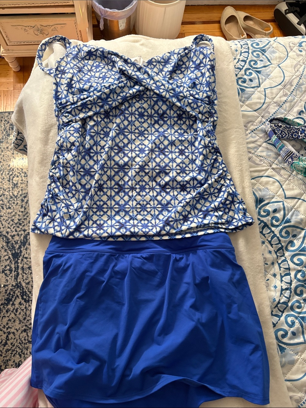 Lands' End Blue Patterned Tankini with Solid Blue Skirt